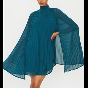 NWT!!! Emerald green pleated cape dress